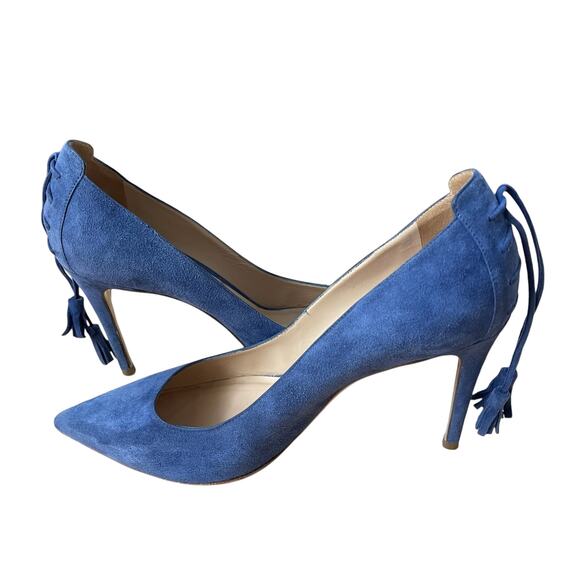 M. Gemi Blue Suede Tassel Heels Pointed Toe Women’s Size 8.5 / 39 - Picture 4 of 11